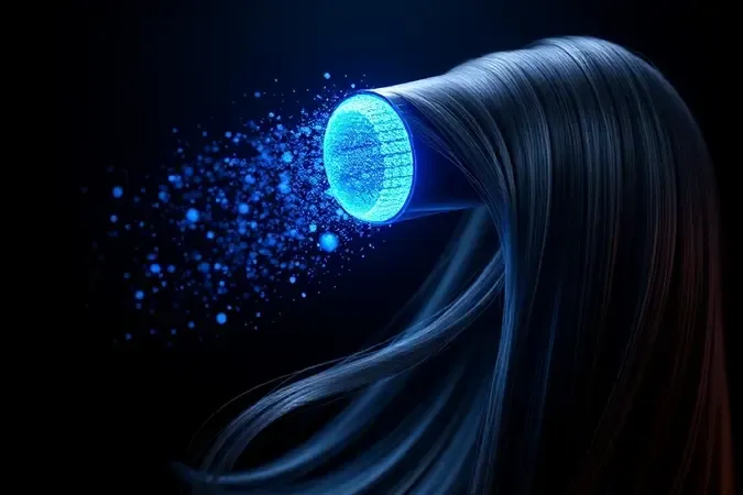 Tecnologia de íons em secador de cabelo ilustrada com partículas azuis em render 3D.