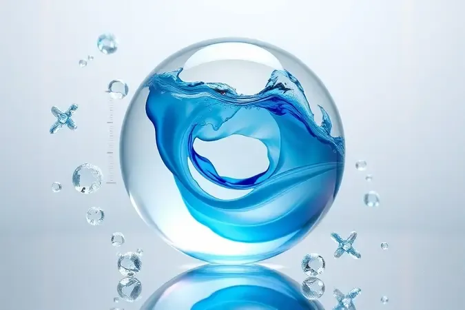 Render 3D abstrato com esfera de vidro contendo líquidos e estruturas moleculares representando tecnologia de limpeza e equilíbrio de pH capilar.