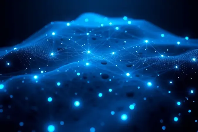 Visualização 3D abstrata da tecnologia de sensores inteligentes SkinIQ com padrões de luz analisando textura de pele em ambiente high-tech.