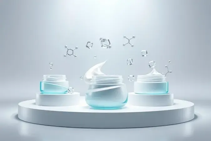 Visual conceitual 3D de tecnologia em texturas de cremes e séruns para hidratação capilar.