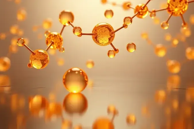 Estruturas moleculares abstratas e gotículas lipídicas brilhantes em tons âmbar representando tecnologias de hidratação profunda capilar em renderização 3D.