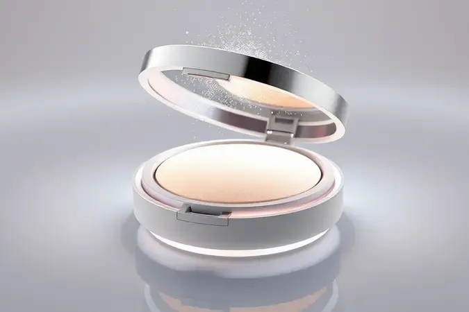 Render 3D conceitual de pó compacto moderno com partículas finas e design minimalista futurista