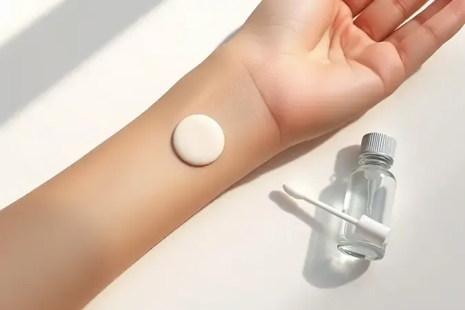 Teste de contato alérgico de esmalte na pele do antebraço com frasco conta-gotas e cotonete em ambiente clínico minimalista.