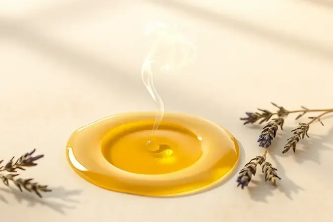 Render 3D conceitual de textura e aroma de óleo corporal com elementos botânicos e vapor perfumado.