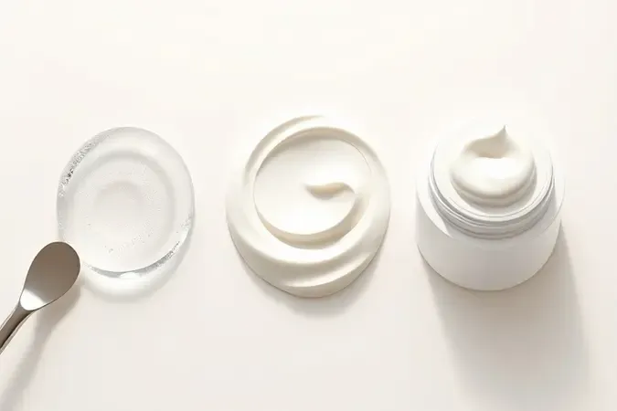 Comparação conceitual 3D de texturas de hidratantes faciais em gel, loção e creme para diferentes tipos de pele