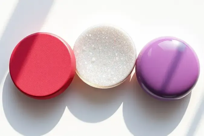 Close-up conceitual de três swatches circulares de sombra exibindo texturas matte, shimmer e glossy em renderização 3D com iluminação natural.