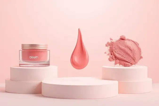 Comparação de texturas de blush cremoso, líquido e em pó em composição 3D minimalista