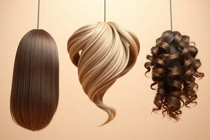 Três texturas de cabelo liso, ondulado e cacheado em renderização 3D conceitual com iluminação suave