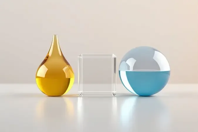 Representação 3D conceitual de três texturas de demaquilantes: óleo, gel e fórmula bifásica lado a lado em superfície minimalista.