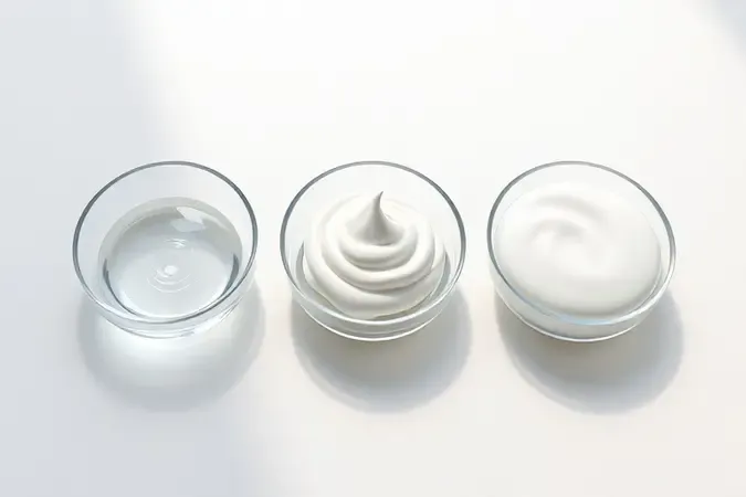 Render 3D de três texturas de hidratante em recipientes de vidro comparando gel, creme e loção para pele seca.