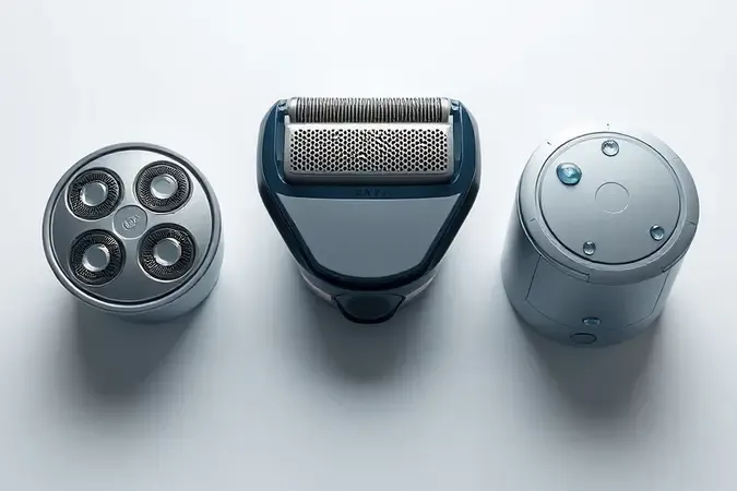 Três tipos de barbeadores elétricos rotativo foil e à prova d'água em renderização 3D conceitual e minimalista