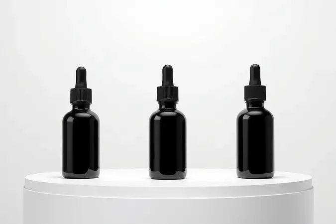 Três frascos conceituais representando tipos de coloração capilar preta: permanente, semipermanente e tonalizante em 3D.