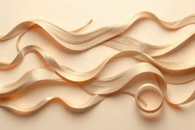 Render 3D conceitual com fitas capilares de diferentes texturas representando tipos de cabelo