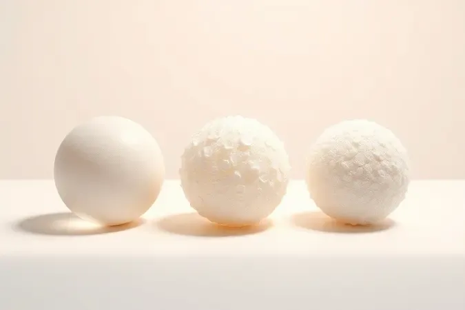 Renderização 3D conceitual de diferentes tipos de grânulos esfoliantes em composição minimalista com iluminação profissional.