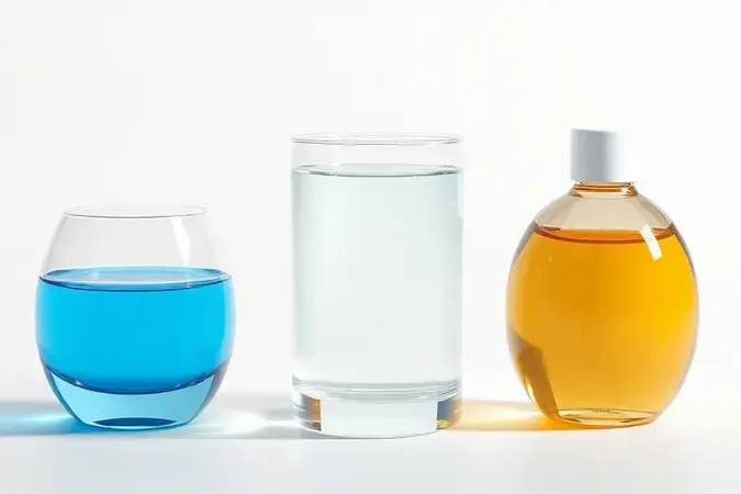 Três frascos conceituais de demaquilante para olhos representando os tipos bifásico, água micelar e à base de óleo em composição elegante.