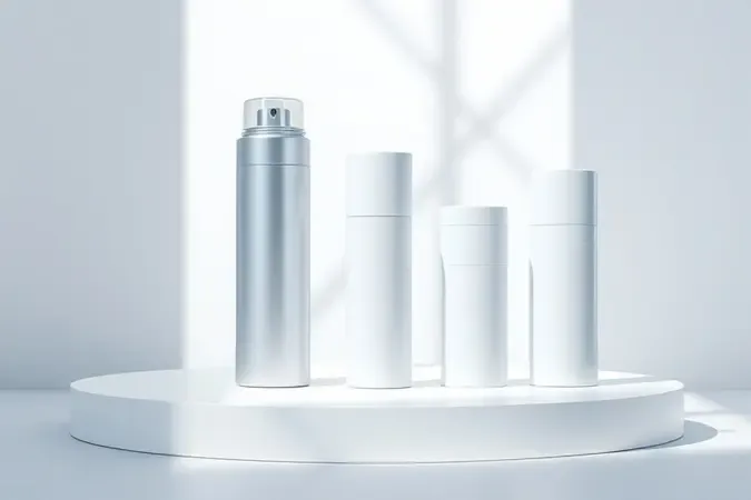 Renderização 3D de três formatos de desodorante masculino genéricos: spray, roll-on e bastão.