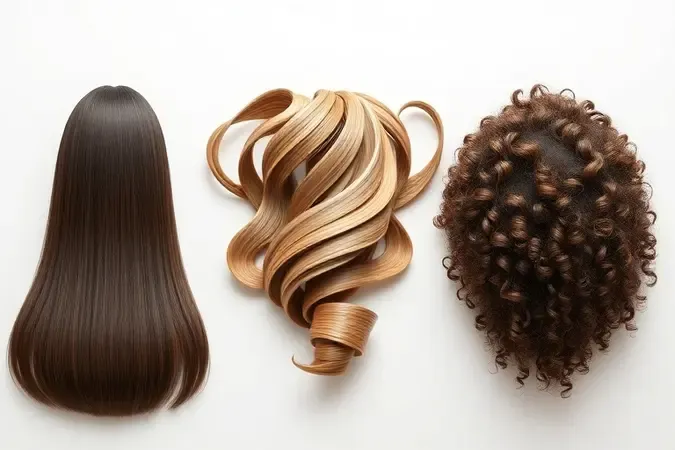 Render 3D mostrando três tipos de fios de cabelo representando diferentes necessidades de tratamento capilar.