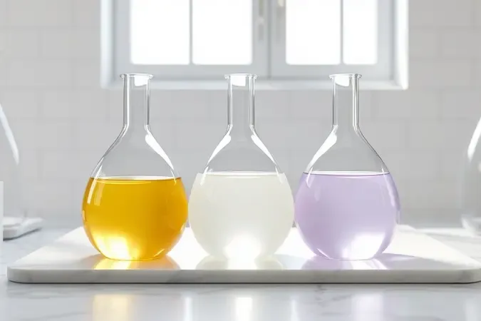 Render 3D de frascos de vidro com diferentes fórmulas líquidas para progressiva capilar, representando tipos variados de alisamento.