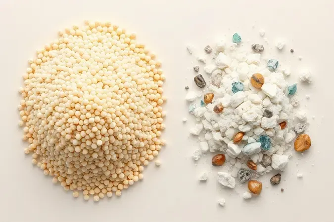 Comparação conceitual de texturas de grânulos esfoliantes sintéticos e naturais em render 3D.