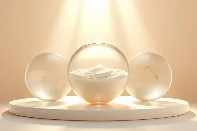 Composição 3D mostrando diferentes tipos de hidratantes em esferas de vidro translúcidas sobre superfície neutra iluminada.