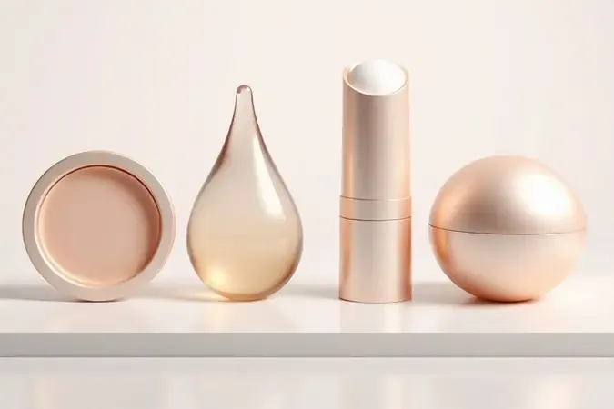 Render 3D com quatro formas abstratas representando texturas de iluminador em pó líquido bastão e creme em composição elegante