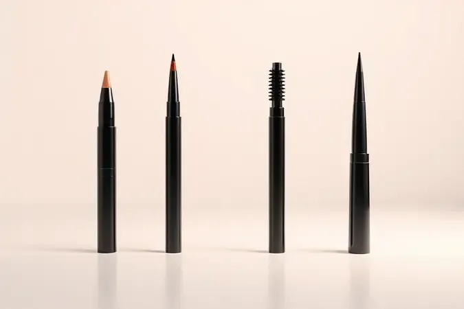 Quatro tipos de aplicadores de delineador sem marca em composição 3D premium sobre superfície minimalista