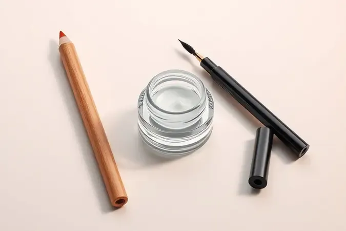 Renderização 3D mostrando diferentes tipos de lápis de olho: tradicional, em gel e retrátil, organizados em composição minimalista.