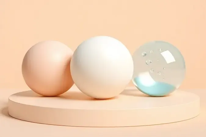 Três esferas abstratas representando diferentes tipos de pele em render 3D sobre plataforma minimalista com iluminação suave.