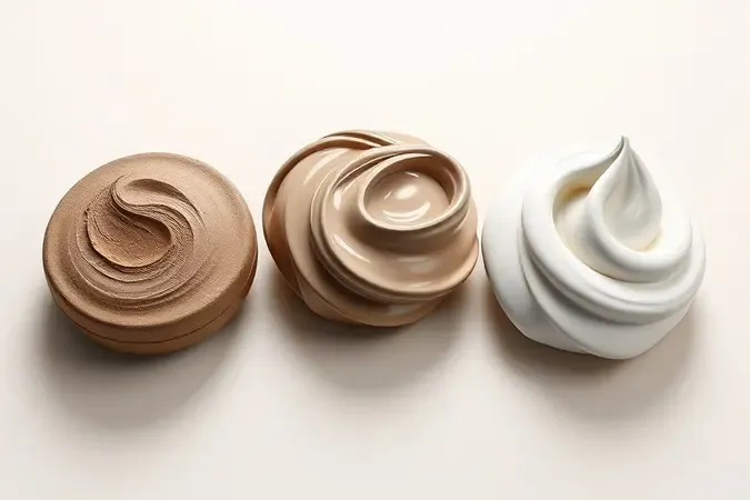 Três texturas diferentes de pomadas modeladoras em renderização 3D mostrando acabamentos matte, brilhante e cremoso.