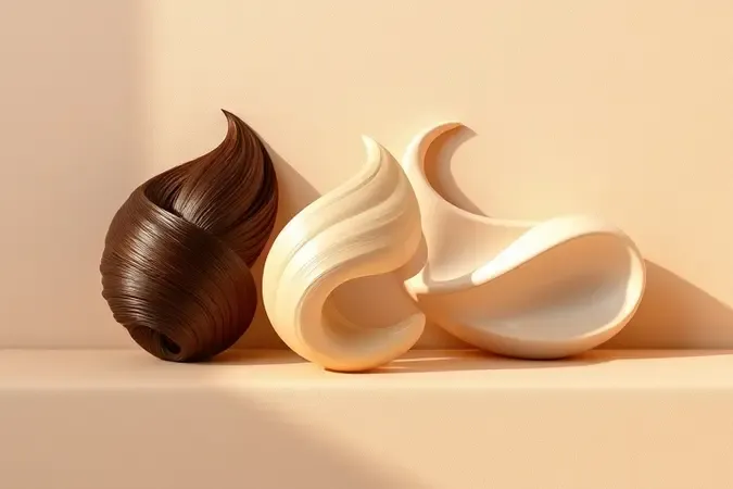 Composição conceitual 3D com três formas abstratas representando diferentes tipos de coloração capilar sobre superfície minimalista.