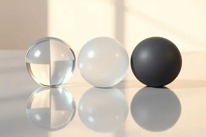 Render 3D conceitual com formas esféricas representando diferentes tipos de tintura capilar segura para lactantes