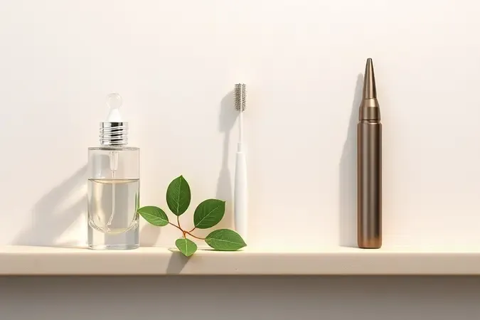 Renderização 3D com diferentes formatos de aplicadores para tratamento de unhas em composição minimalista e sofisticada.