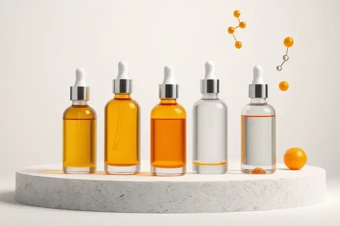 Tipos de vitamina C para o rosto em frascos de vidro minimalistas e estruturas moleculares abstratas em render 3D