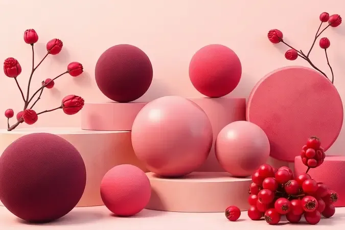 Composição abstrata com formas esculturais em tons de frutas vermelhas, representando pigmentos de blush para pele madura.