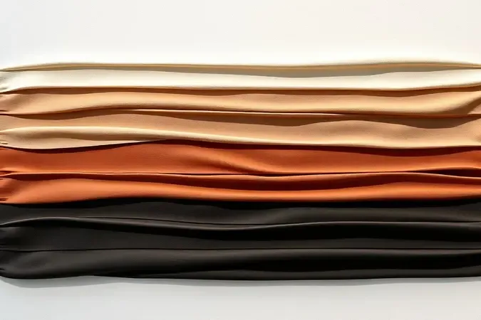 Render 3D conceitual com gradiente artístico de tons de pele diversos dispostos como swatches aveludados sobre superfície minimalista.