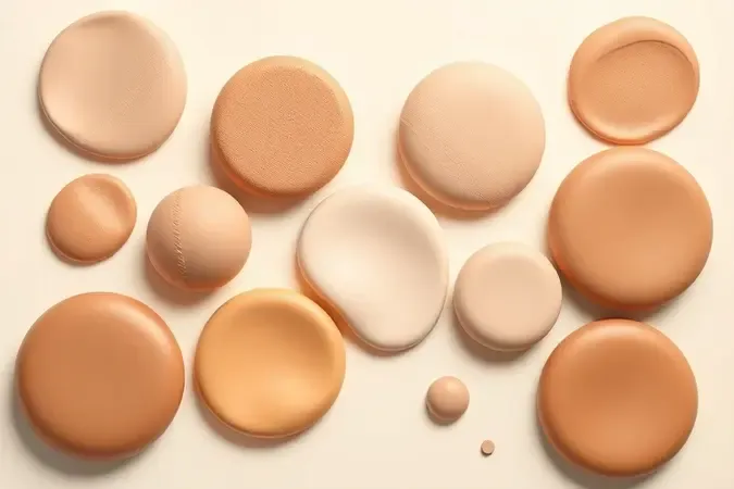 Render 3D de paleta conceitual com swatches em diversos tons de pele e acabamentos variados.