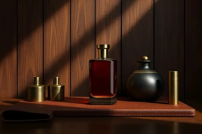 Cena conceitual com madeira escura, couro e âmbar representando a conexão masculina com perfumes amadeirados.