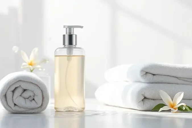 Render 3D conceitual de tratamento anticaspa com shampoo genérico e toalha