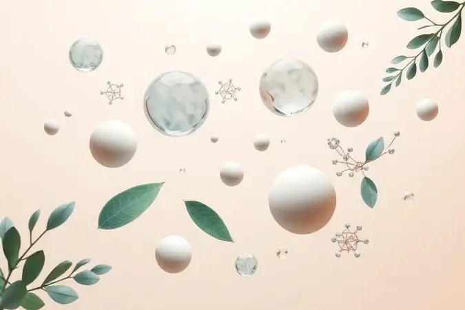 Ativos de tratamento para pele representados por cápsulas e esferas flutuando em composição 3D minimalista