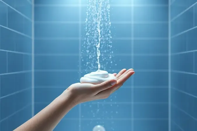 Render 3D de mão segurando shampoo branco genérico sob água no chuveiro