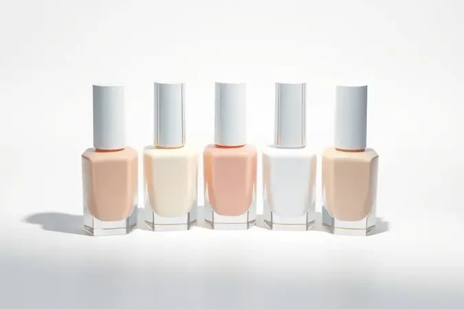 Render 3D conceitual de cinco esmaltes em tons nude, rosa e branco para variedade de kits de francesinha.